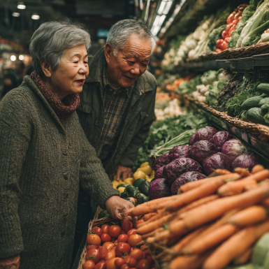 Активный пожилой человек на кухне с овощами и фруктами